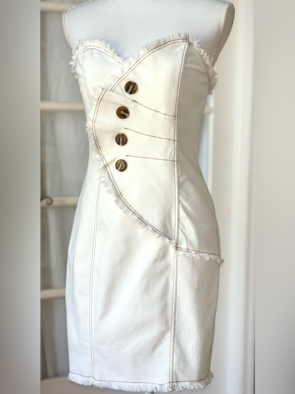 NWT Mika & Gala Strapless Mini Dress Ivory Fringe Button Detail M